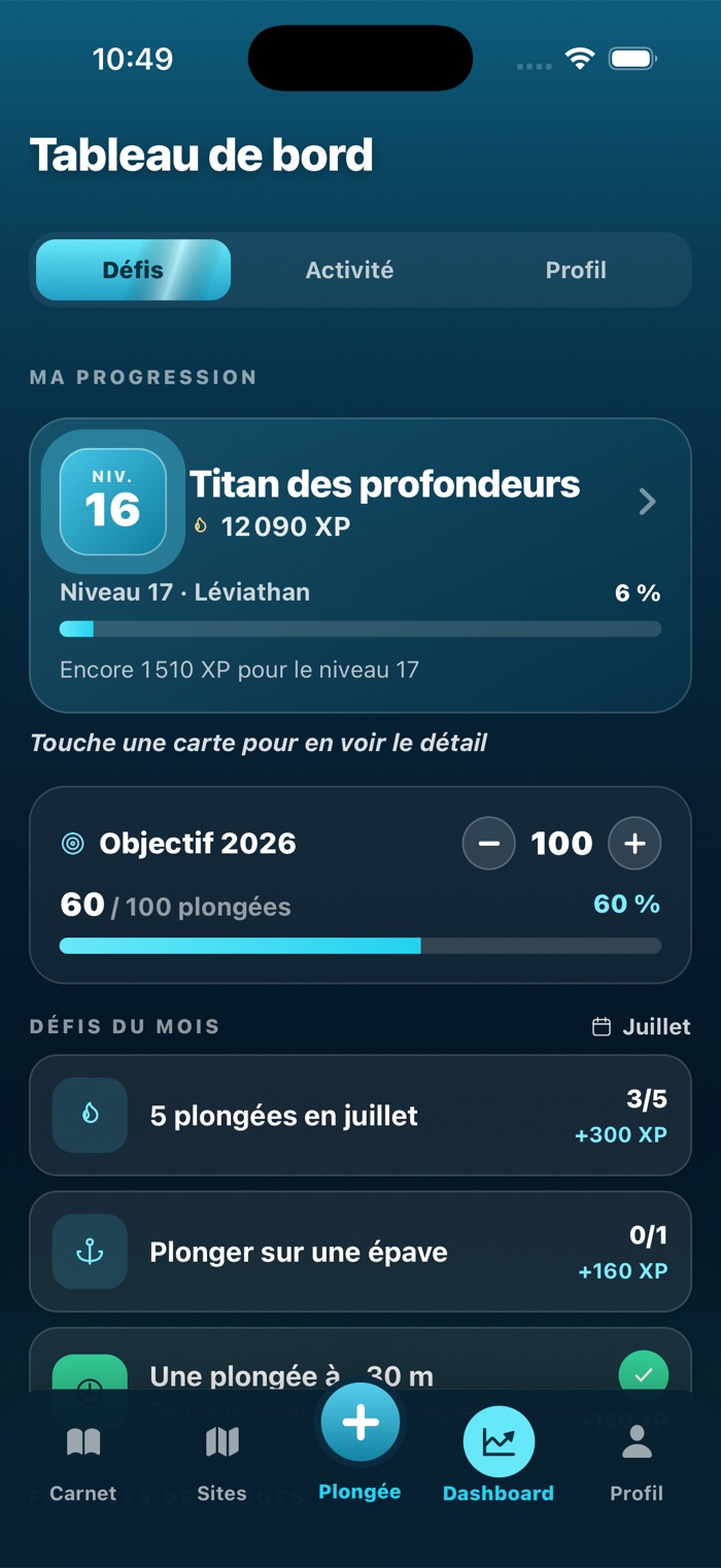 Tableau de bord Mon Carnet de Plongée