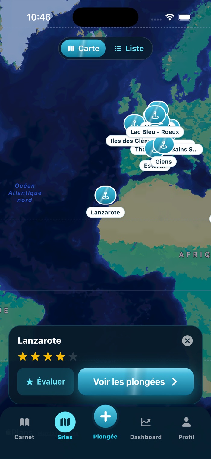 Sites sur la carte